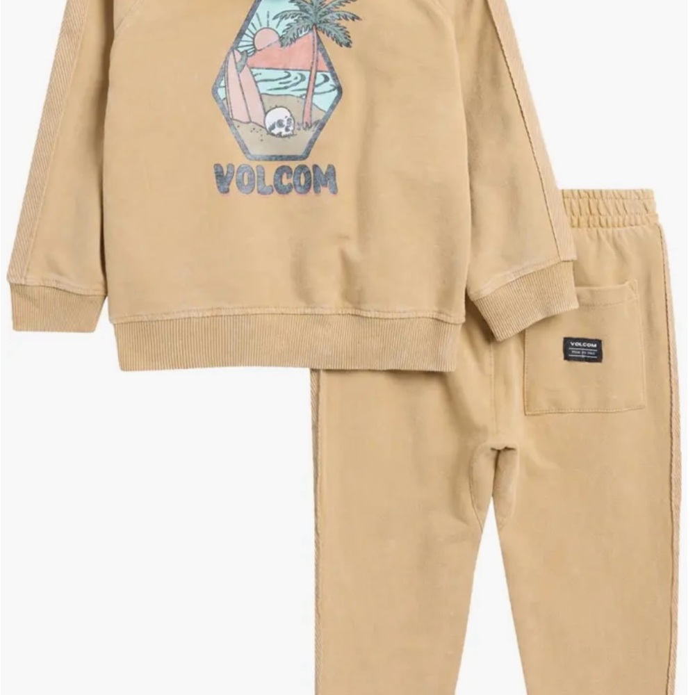 Volcom Kids French Terry Hoodie & Joggers Set – Beige, Size 3T